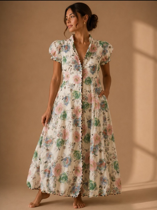 entro Dresses & Skirts - Floral Puff Sleeve Cotton Midi Dress Romantic Cottagecore Garden Party Medium